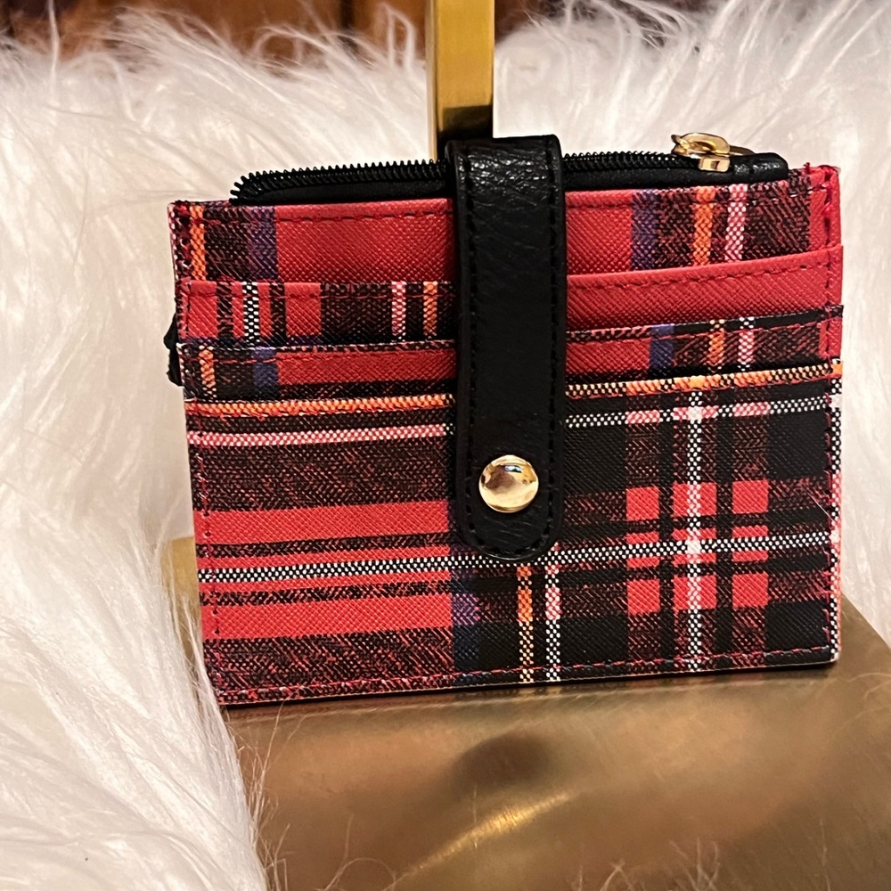 Plaid Red Card Holder Wallet with Snap Strap